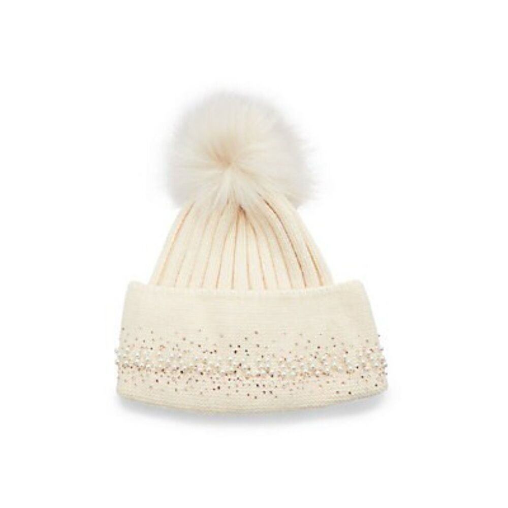 NWT Womens Adrienne Landau Cream Crystal Snowcore Beanie Faux Fur Pom Cozy Luxe‎